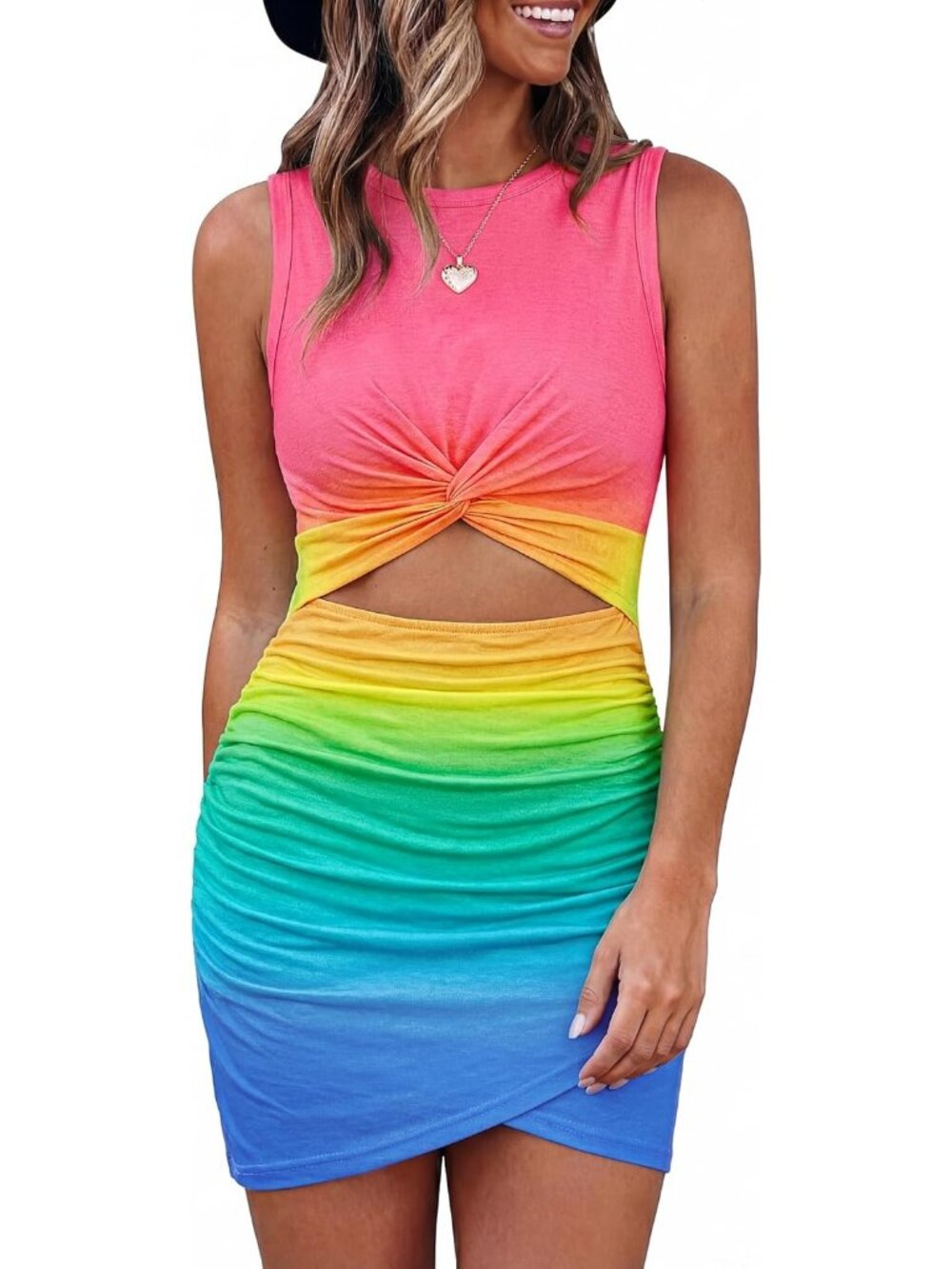 Women's Pink Blue Sleeveless Tank Crewneck Bodycon Cutout Summer Mini Dress